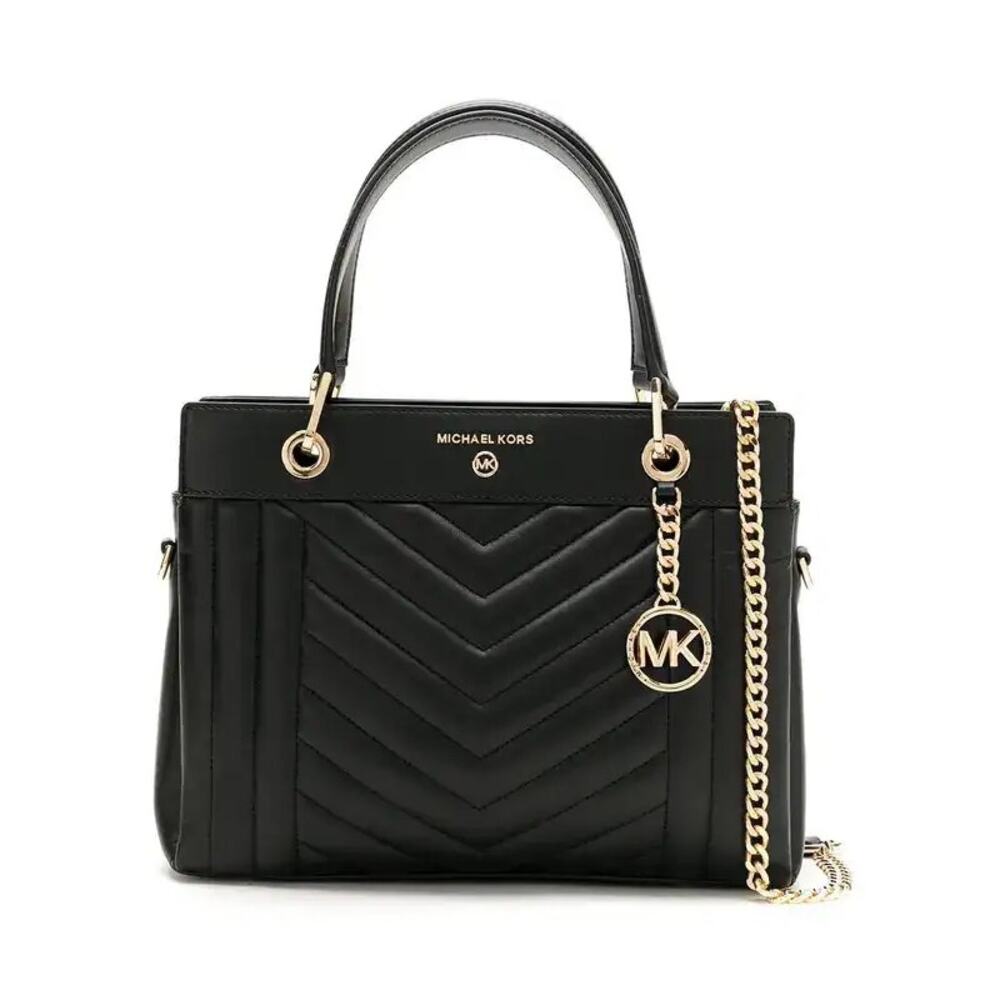 Michael Kors Susan Medium Quilted Tote Black Leather Gold Chain Shoulder Bag